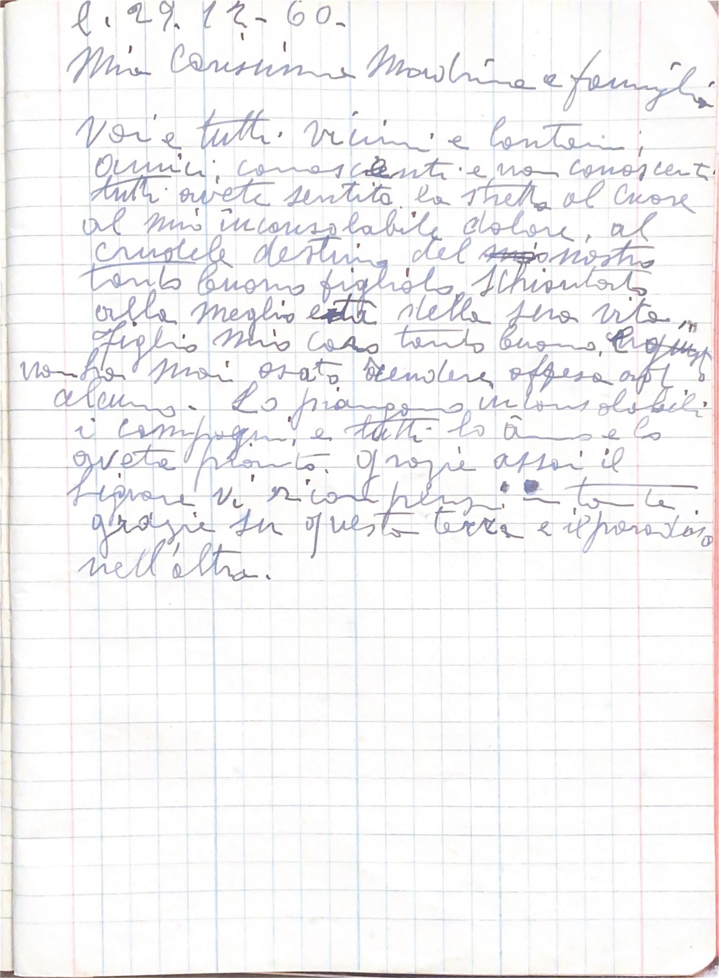 «Al crudele destino del nostro tanto buono figliolo»: la lettera di Pietruccia Mannoni, 29 dicembre 1960